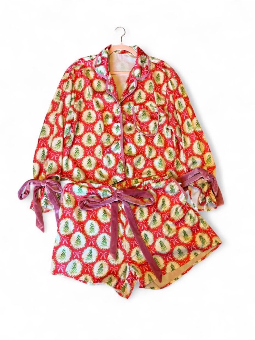 Women’s Red Holiday Pajama Set with Velvet Trim